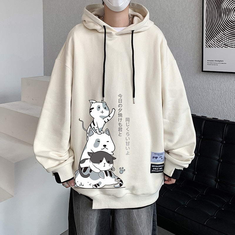 Men's anime cat sweatshirt with foam print, long sleeve, loose fit, Harajuku style, couple hoodie pullover in white.