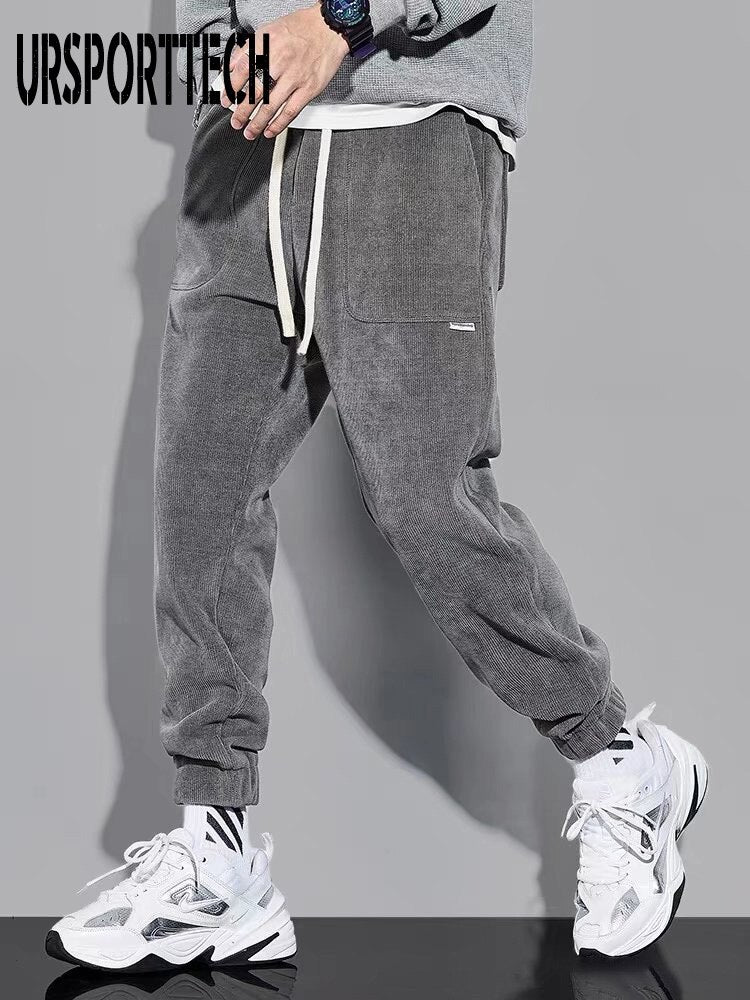 URSPORTTECH hip hop techwear joggers pants for men, charcoal color, streetwear style.