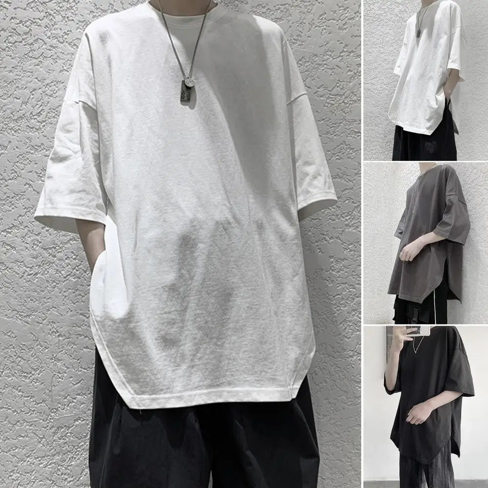 Summer oversized men's Harajuku half sleeve tee with solid color and side split design.