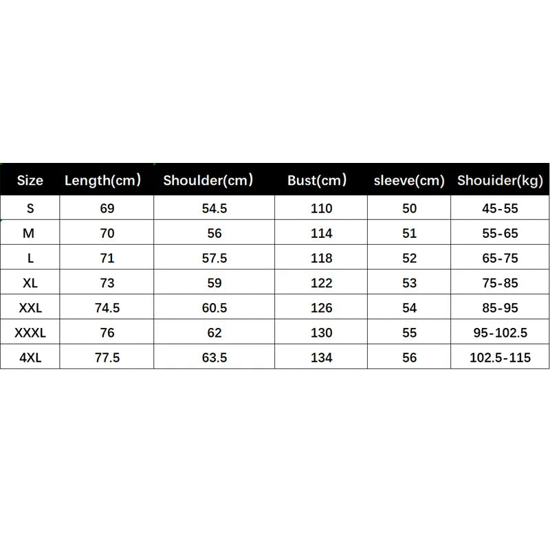 Size chart for oversized long-sleeved men's shirt coat, available from S to 4XL, detailing measurements in centimeters.