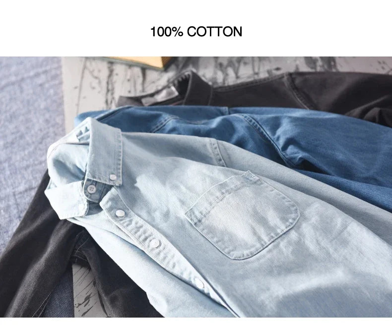 Autumn New 100% Cotton Men's Denim Shirt Casual Male Long-sleeved Shirts Street Japanese Fashion Slim Clothes Light Blue Black