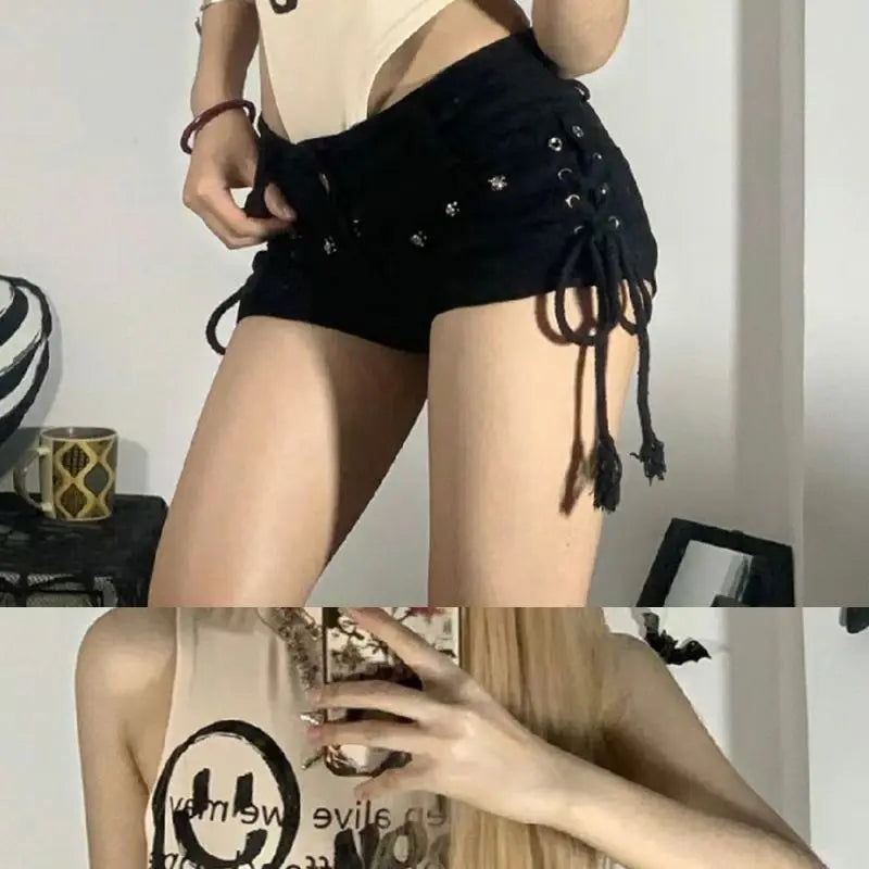 Shorts Women Skinny Creativity Lace-up Popular Streetwear Daily Personality Students Holiday Fashion Sexy American Retro Leisure