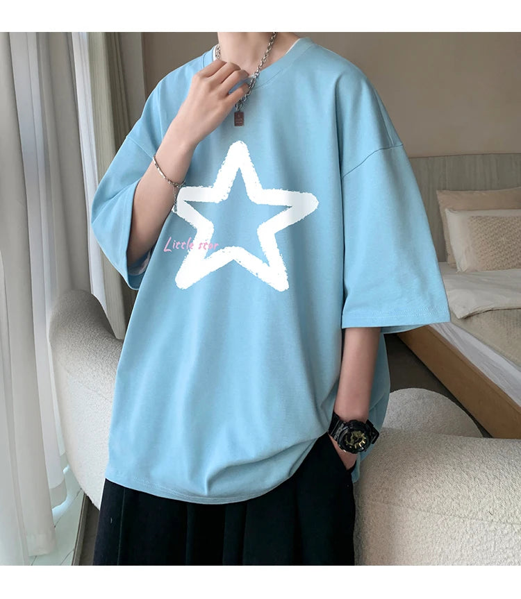 Little Star Printed Men's T Shirt Summer Fashion Casual Short Sleeve Tee Tops Mens Cotton Linen Oversized Hip-Hop T-shirt 5XL