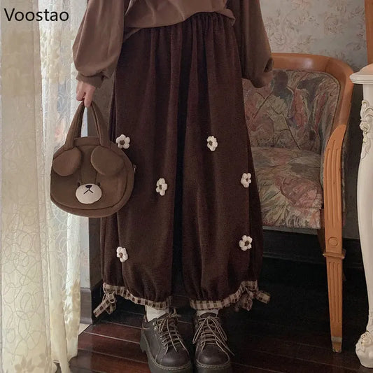 Japanese Sweet Flower Corduroy Wide Leg Casual Pants for Women, Vintage Loose Trousers with Cute Floral Appliques, Harajuku Kawaii Bloomers.