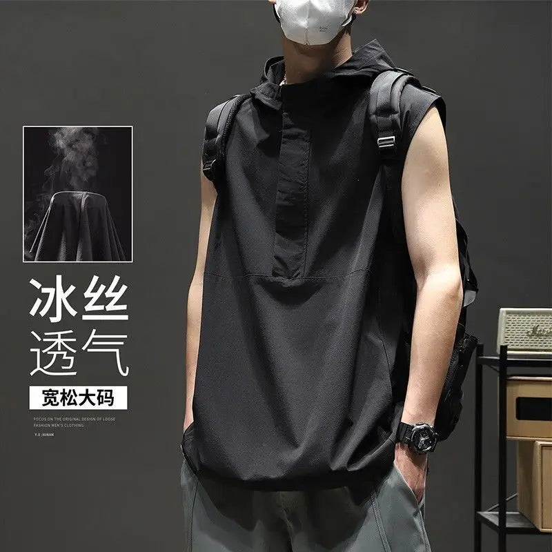 Men's hooded loose relaxed sports fitness sleeveless tank top in black for summer.