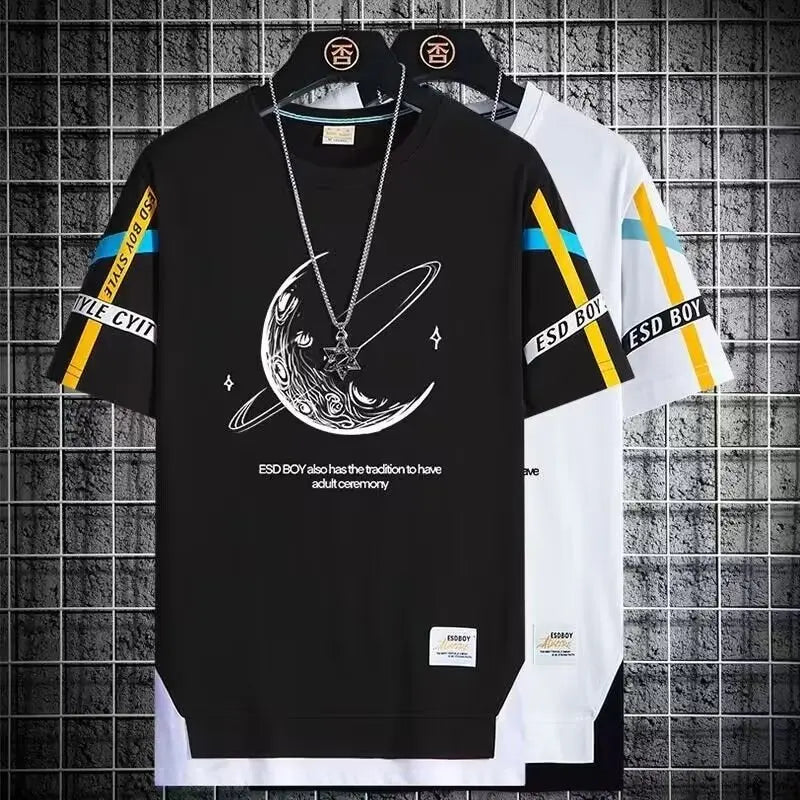 Men's short sleeve Korean casual breathable T-shirt with high street fashion print in black and white, O-neck design.