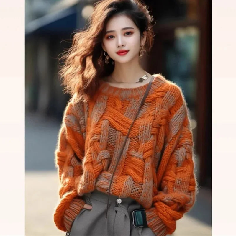 Korean Women Long Sleeves Xiaoxiangfeng Knitwear Winter Ladies Pullover Knitting 2024 Female Loose Fitting Thick Thread Sweater