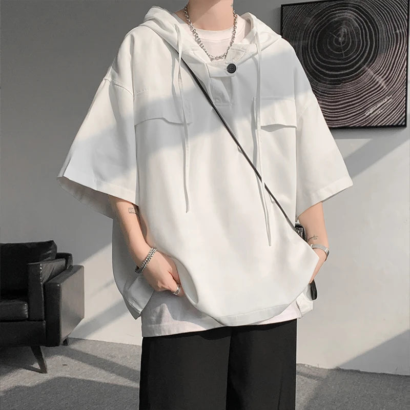 5 Colors Summer Hooded T shirt Men Korean Half Sleeve Pullover Streetwear Loose T-shirt Tops Drawstring Men Clothing 5XL-M