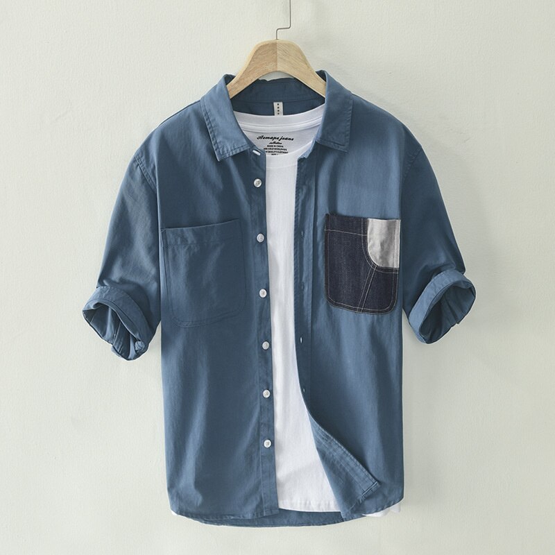 Men's casual half sleeve cotton shirt with fashion color matching and double chest pockets, workwear style.