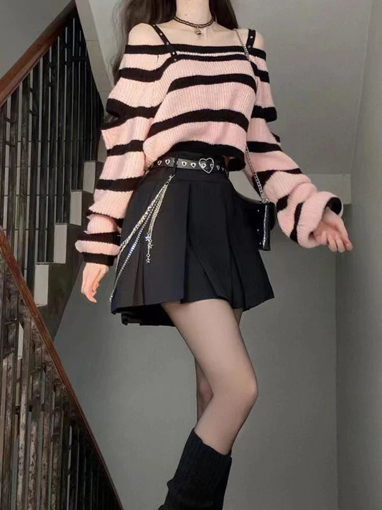 Striped knit off-shoulder top and high waist pleated mini skirt set for women in streetwear style, ideal for spring and autumn.