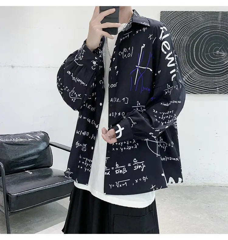 2023 New Spring and Autumn Trend Hong Kong Style Japanese Casual Loose and Luxury Korean Edition Simple Printed Men's Shirt