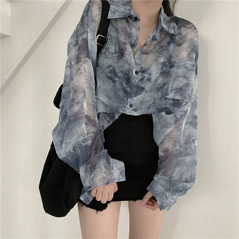 Shirts Women Fashion Tie Dye Harajuku Gothic Top New Korean Loose Casual Clothes Sun-proof Embroidery All-match Summer Holiday