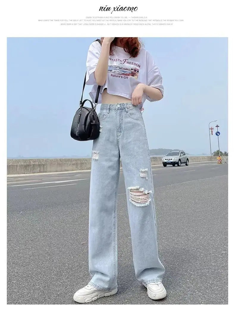 Pierced High Waist Jeans Women's Spring and Summer Thin Straight Tube Loose 2022 New Fashion Casual Thin Wide Leg Pants