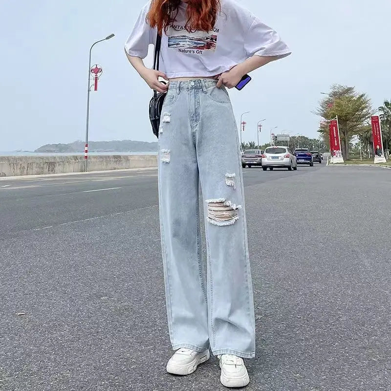 Pierced High Waist Jeans Women's Spring and Summer Thin Straight Tube Loose 2022 New Fashion Casual Thin Wide Leg Pants