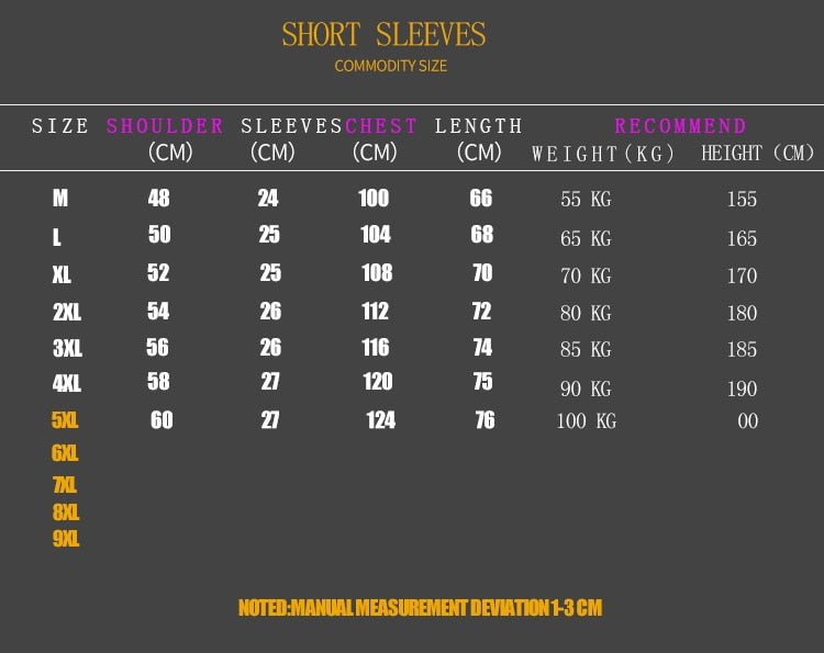 Size chart for short sleeve streetwear T-shirts, available up to 5XL, showing shoulder, sleeve, chest, and length measurements in cm, with recommended weight and height.