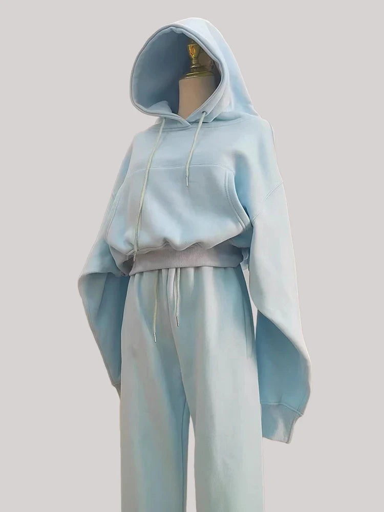 Women's casual fleece hoodie and sweatpants set in solid pastel blue, ideal for winter and spring sportswear.