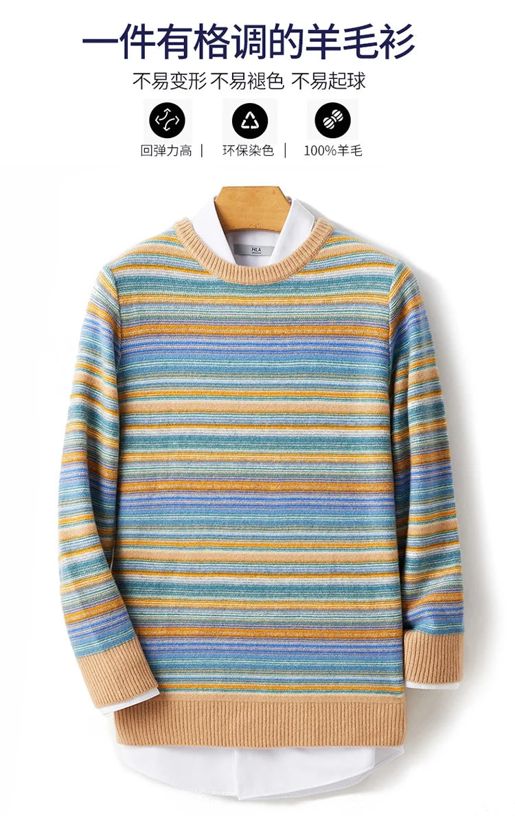 New 100% woolen sweater for young men in autumn and winter, thick sweater, warm stripe, loose casual knitted bottoming coat.