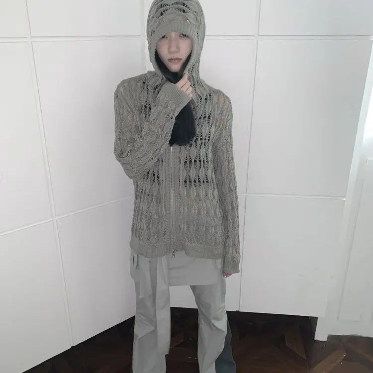 Deeptown Harajuku Zip Up Hooded Cardigan Women Japanese Y2k Style Hollow Crop Sweater Vintage Gray Thin Knitted Long Sleev Tops