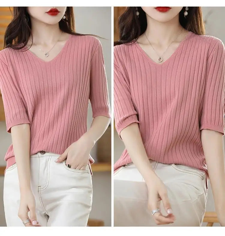 2023 New Spring Summer New Women's V-neck Short-Sleeved Exquisite Cashmere Knitted Sweater Pullover Solid Color