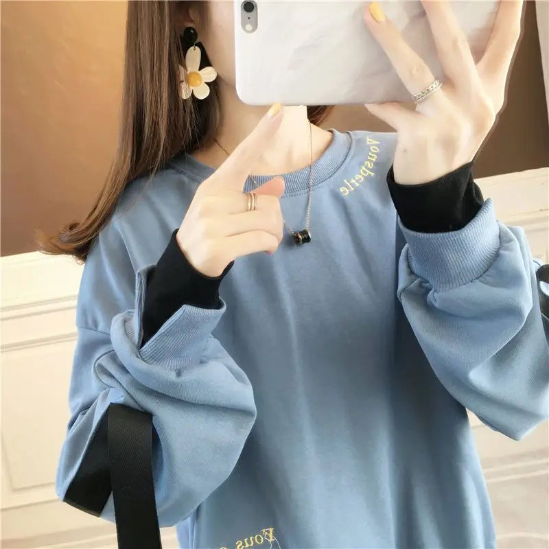 Autumn 2024 New Casual Patchwork Fake Two Pieces Sweatshirts Femme Simplicity Loose Irregular Pullover T-Shirts Women Clothing