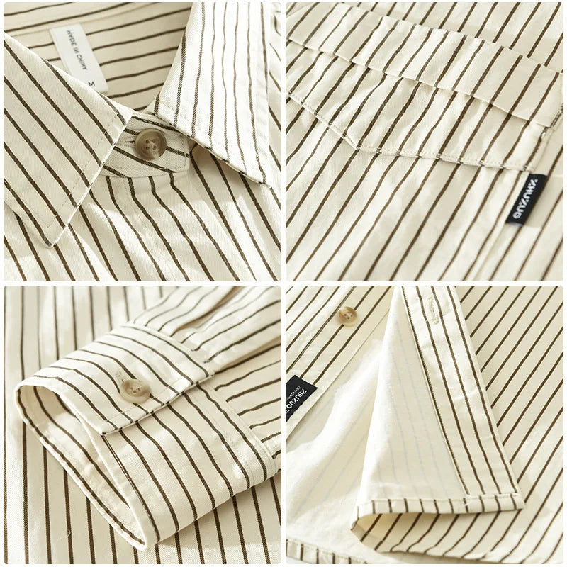 2024 Spring New 100% Cotton Simple Striped Long Sleeve Shirts for Men Clothing Solid Color Loose Soft White Shirt CM6968