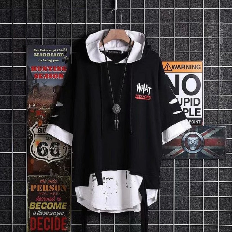 Fashion Graffiti Men's Hoodies T-Shirt with Letter Print and Anime Design, Casual Streetwear Style.