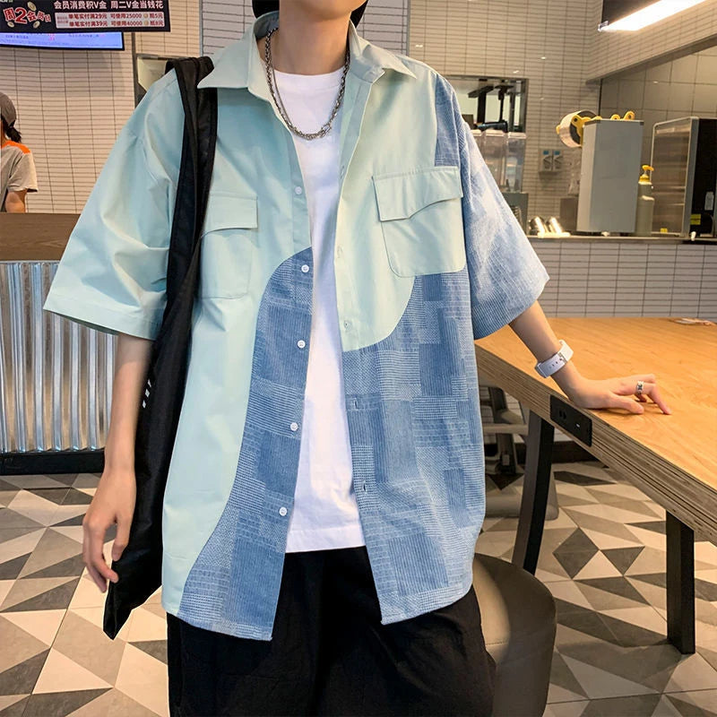 Summer New Turn Down Collar Patchwork Shirt Hombre Loose Casual Trend Fashion Buttons Blouse Male Harajuku Y2K Cardigan Top Men