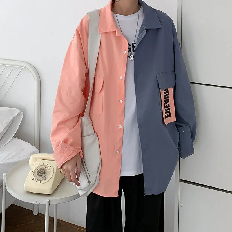 2023 men's oversized long-sleeved shirt coat with flip collar, letter print, and contrast panel design.