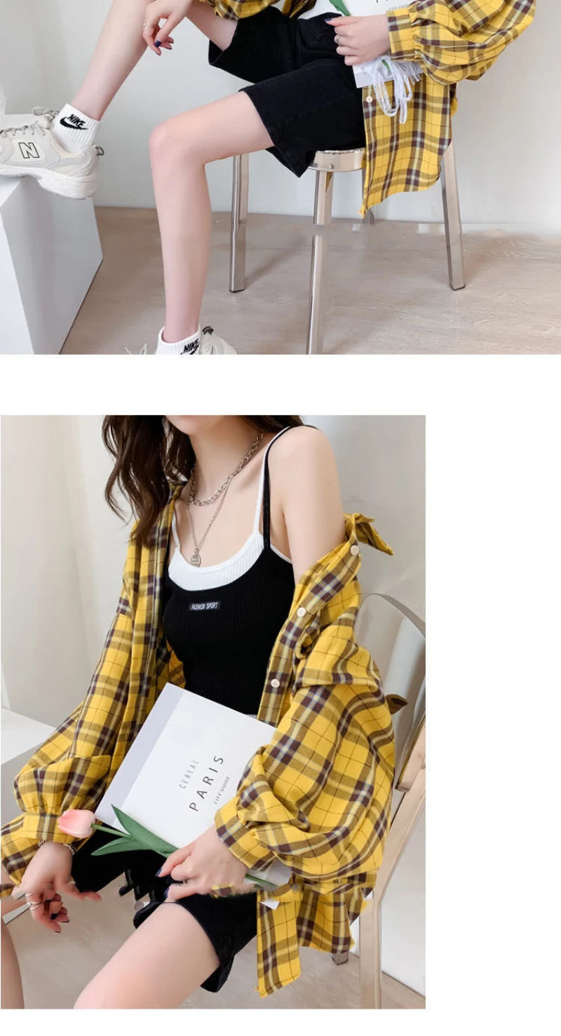 JMPRS Fashion Plaid Women Shirt Fashion Korean Oversize Tops Harajuku Daily All-match Long Sleeve Chic Female Yellow Shirts New