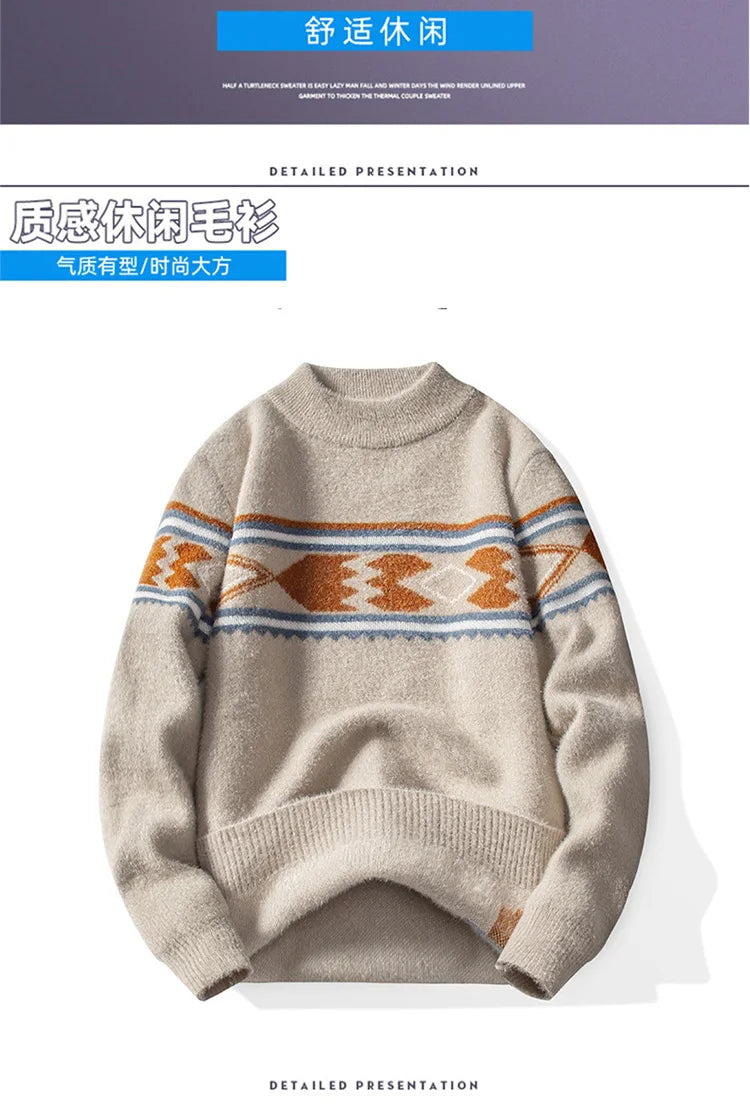 Autumn Winter Men Sweater Vintage Mock Neck Mens Knitted Pullovers Thicken Loose Harajuku Mens Retro Knitting Pullover Sweaters