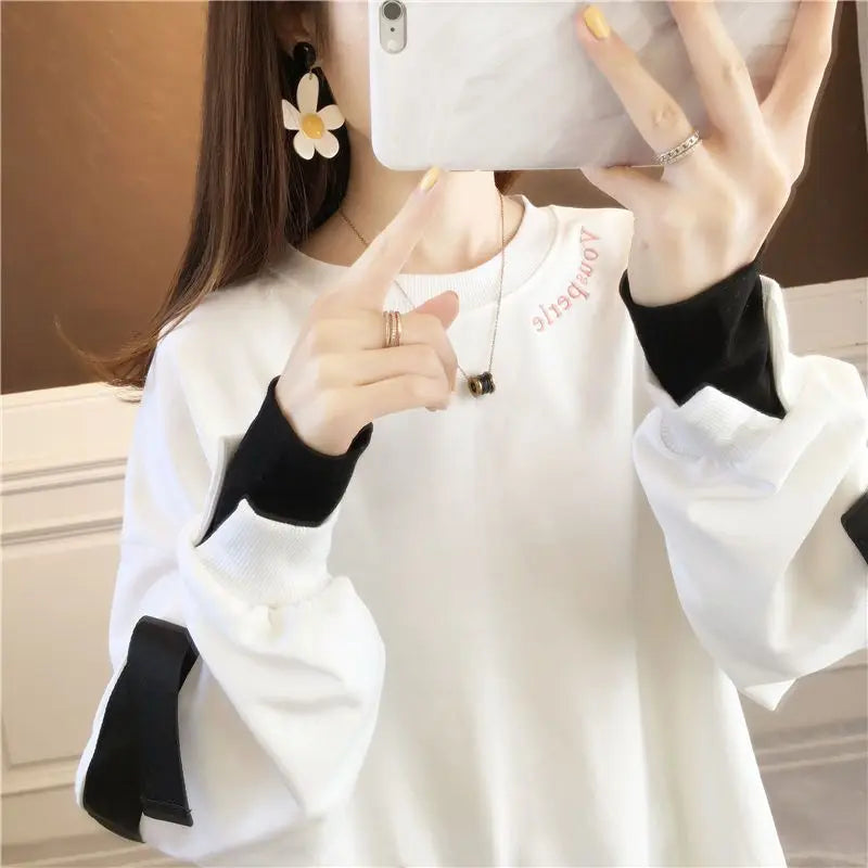 Autumn 2024 New Casual Patchwork Fake Two Pieces Sweatshirts Femme Simplicity Loose Irregular Pullover T-Shirts Women Clothing