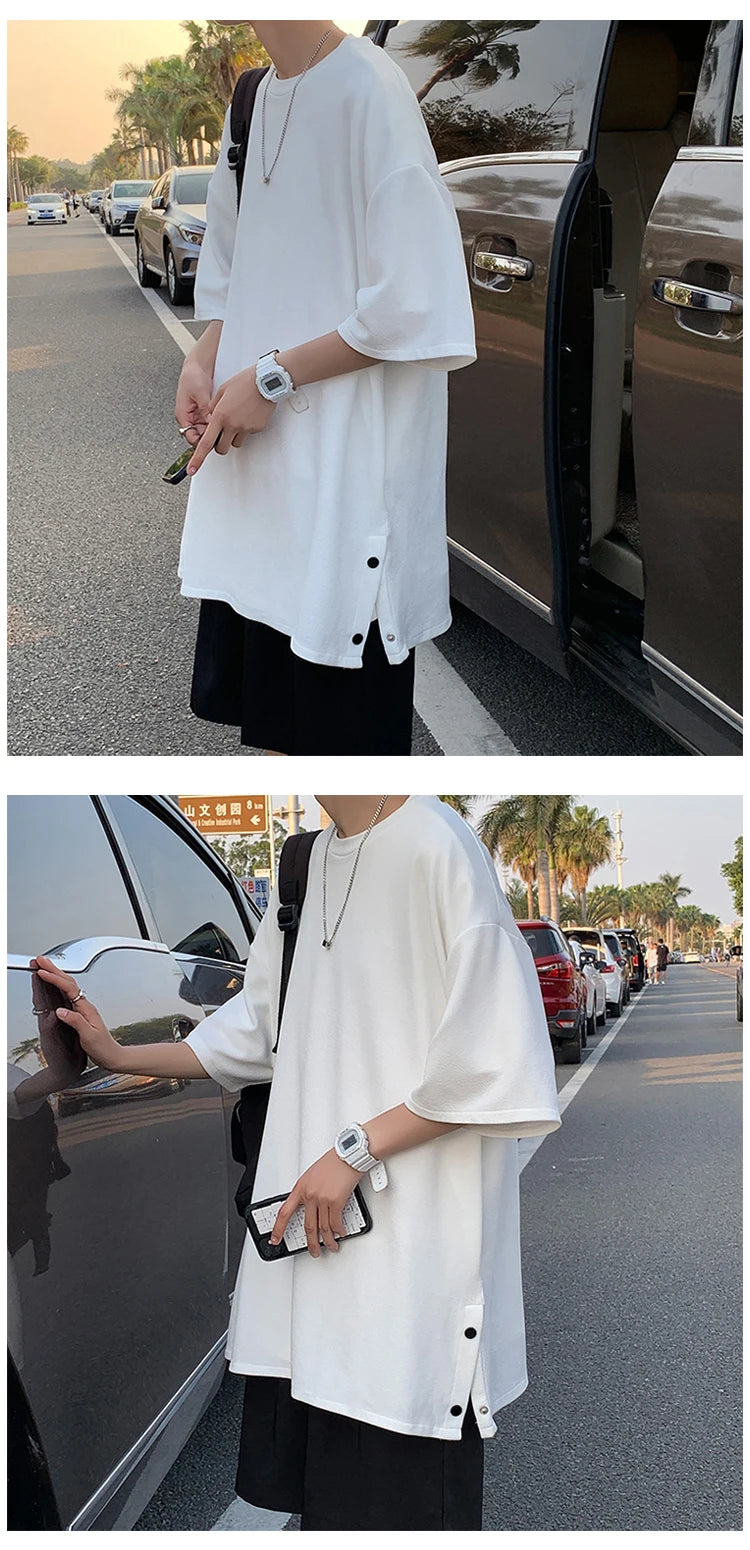 Plus Size 5XL-M Men's Side Slit T-shirt Solid Color t shirt Men Women Causal O-neck Basic Tshirt Male Oversized Tops 4 Colors