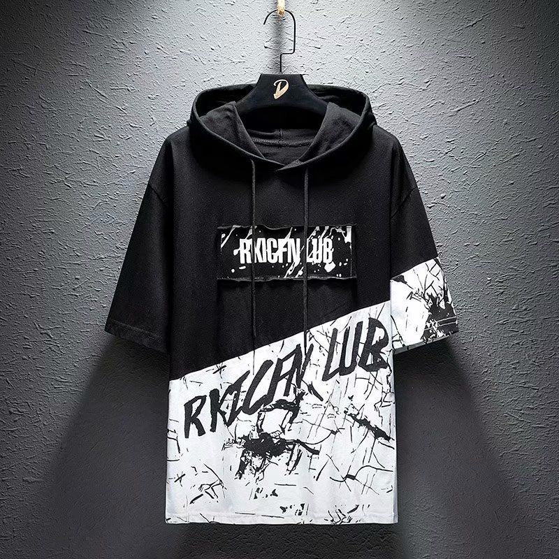 Men's graffiti letter print hoodie, short sleeve, black and white, summer casual streetwear.