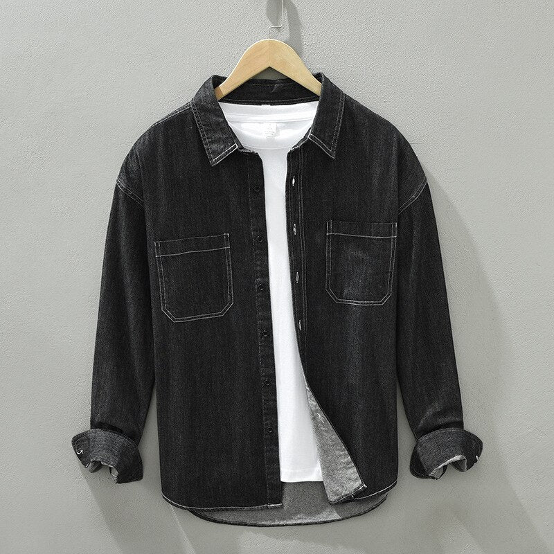 Men's long sleeve denim shirt, soft 100% cotton, two pockets, casual style, spring/autumn wear.