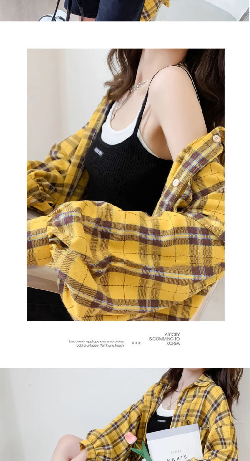 JMPRS Fashion Plaid Women Shirt Fashion Korean Oversize Tops Harajuku Daily All-match Long Sleeve Chic Female Yellow Shirts New