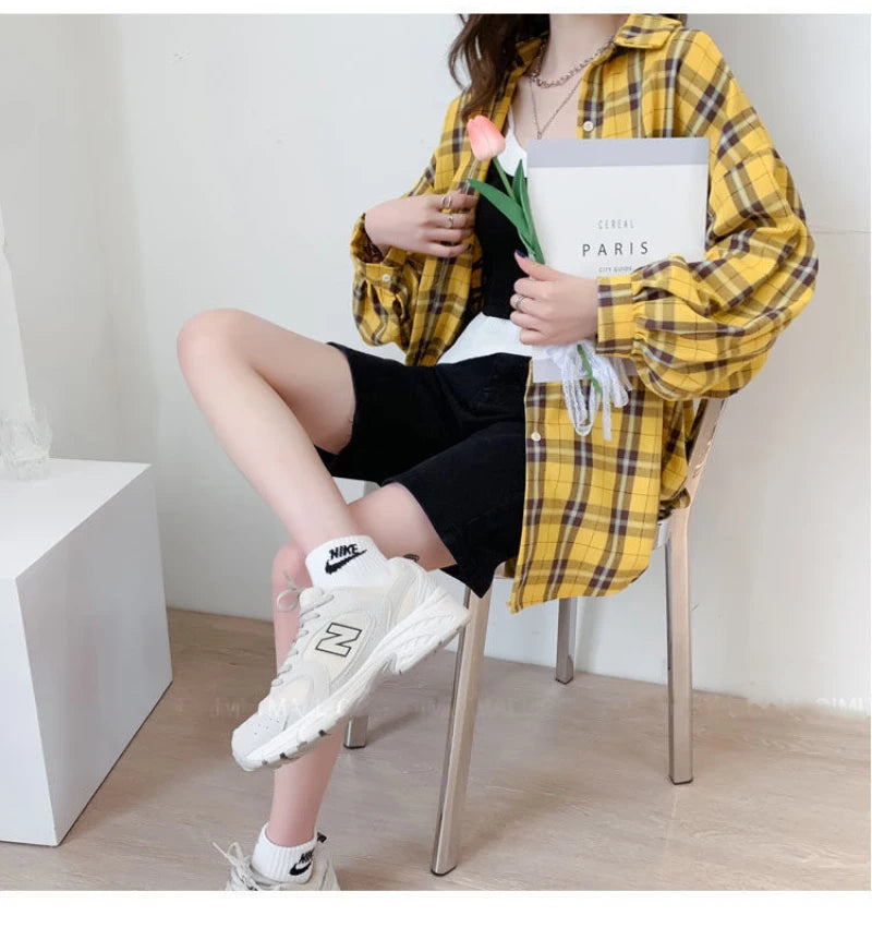 JMPRS Fashion Plaid Women Shirt Fashion Korean Oversize Tops Harajuku Daily All-match Long Sleeve Chic Female Yellow Shirts New