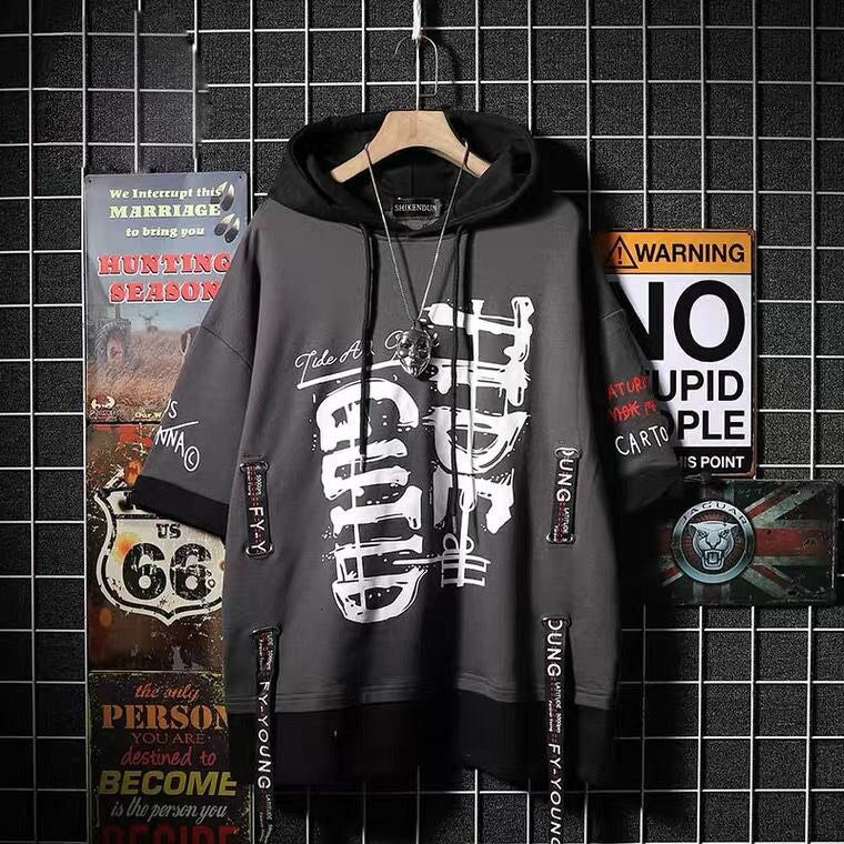 Fashion graffiti men's hoodie T-shirt with letter print, casual streetwear style, short-sleeve, black color.