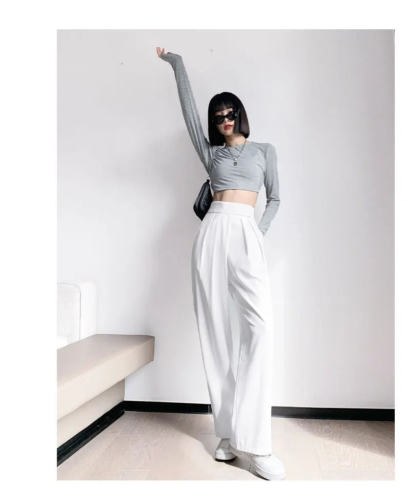 Jielur Brown Wide Leg Women Classic Suit Pants Vintage Palazzo Office Elegant Casual Black Trousers Female High Waist Pants