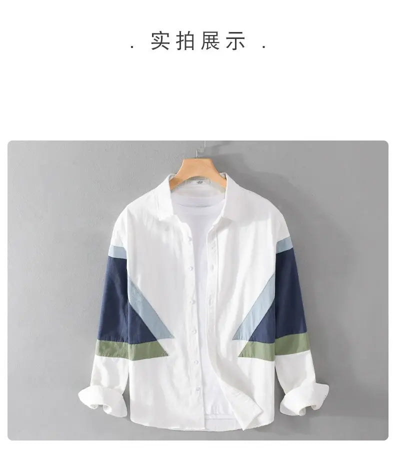 2023 New Spring and Autumn Season Thin Hong Kong Style Fashion Trend Splicing Contrast Color Casual Loose Versatile Men's Shirt