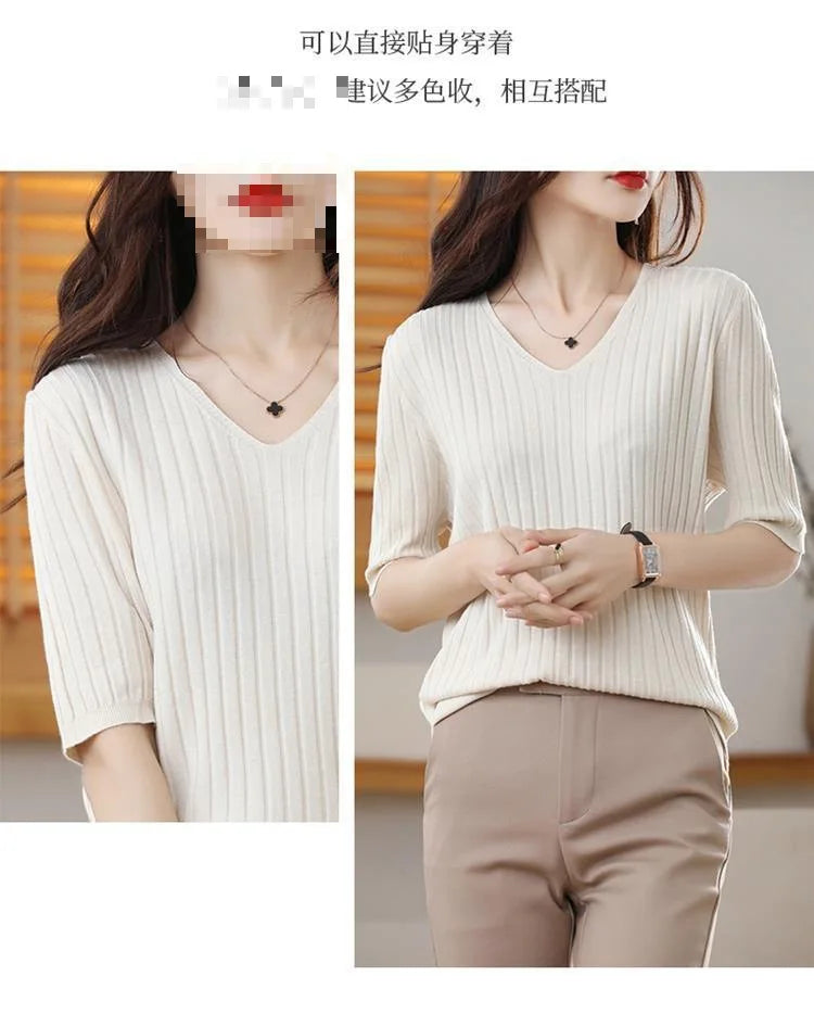 2023 New Spring Summer New Women's V-neck Short-Sleeved Exquisite Cashmere Knitted Sweater Pullover Solid Color