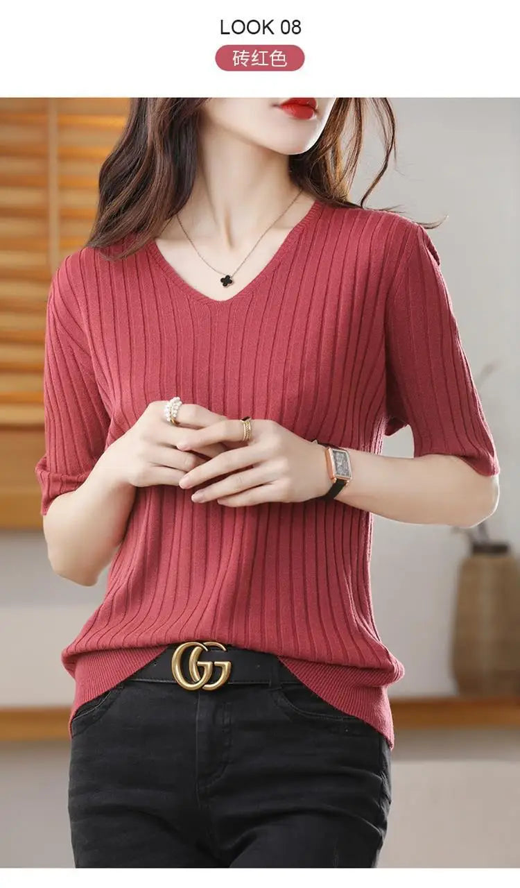 2023 New Spring Summer New Women's V-neck Short-Sleeved Exquisite Cashmere Knitted Sweater Pullover Solid Color