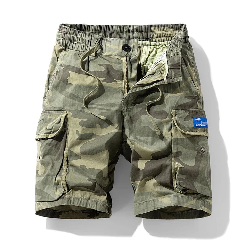 Mens green camouflage military cargo shorts, cotton knit, mid waist, loose fit, zipper fly, summer casual trousers.