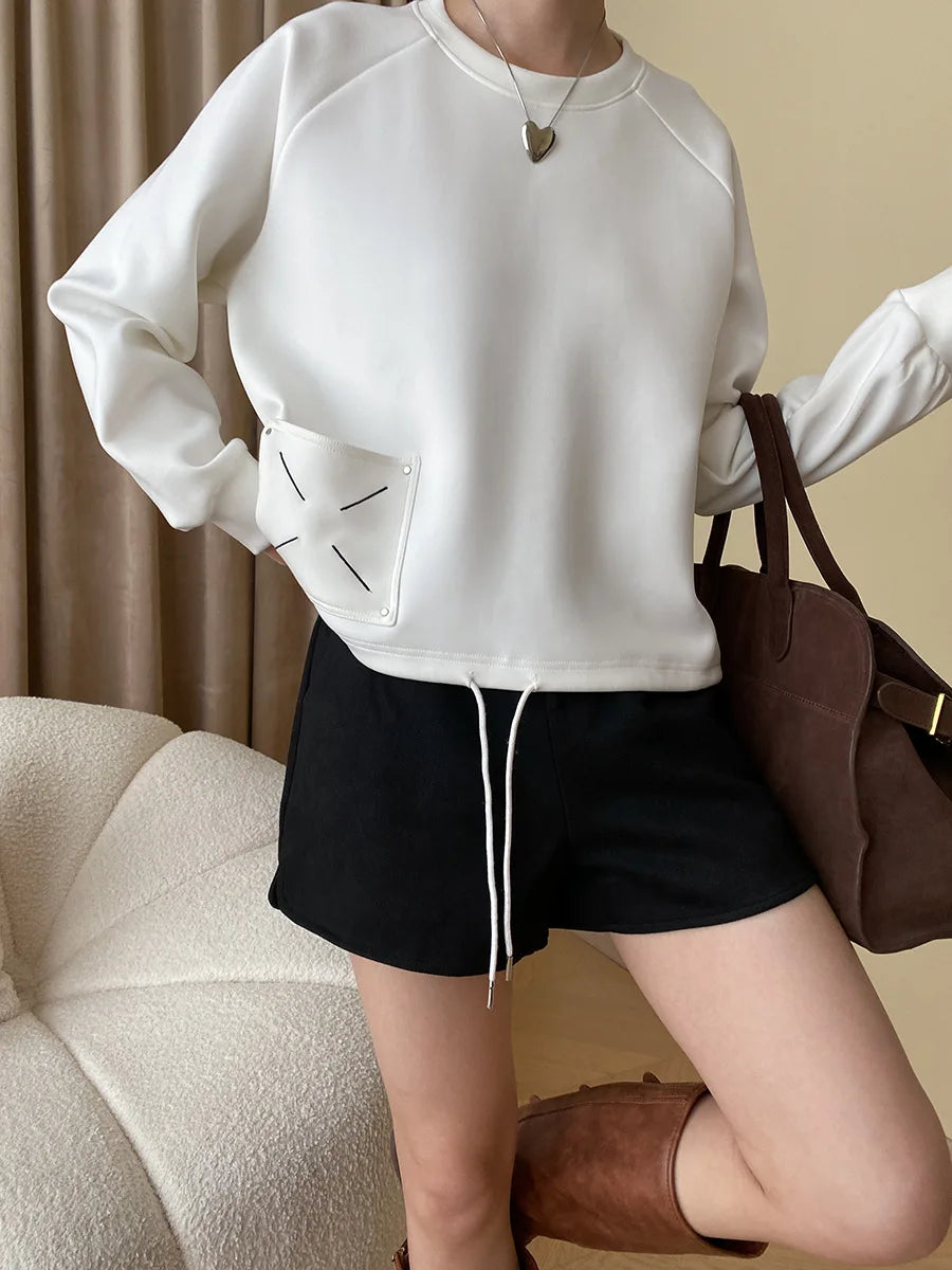 [LANMREM] Embroidered Design Pullover Sweatshirt Women Solid Round Neck Long Sleeve Casual Loose Tops 2024 Spring New 26D6445