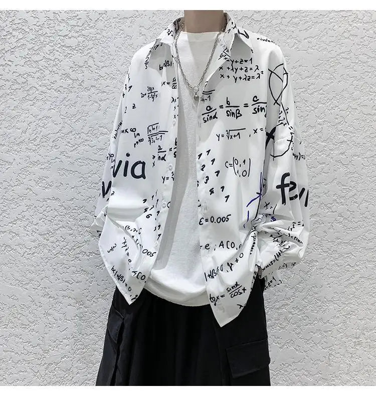 2023 New Spring and Autumn Trend Hong Kong Style Japanese Casual Loose and Luxury Korean Edition Simple Printed Men's Shirt