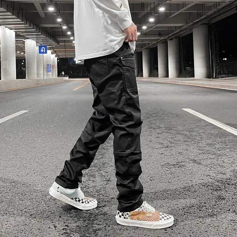 Streetwear Kanye Slim Fit Feet Coated Black Jeans Pants for Men Pocket Brushed Wax Tapered Pants Man Casual Cargo Jeans Y2k