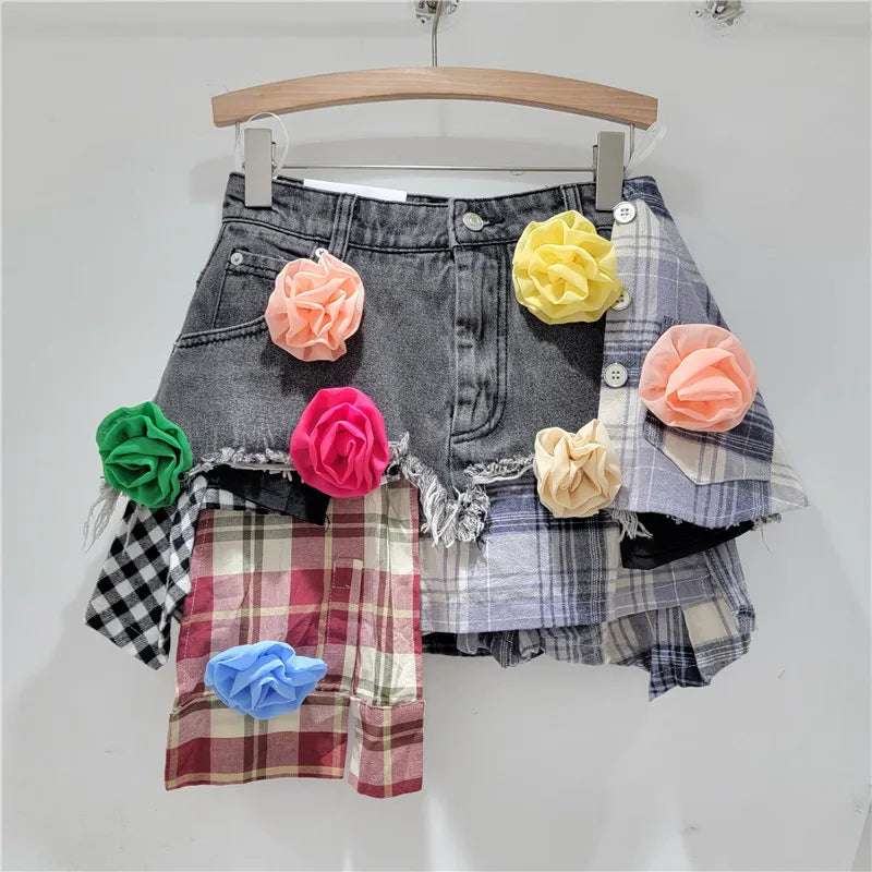 DEAT Women's Denim Skirt with Colored Plaid Patchwork and Irregular Deconstructed Design, High Waist A-line Mini Skirt for Summer Fashion.