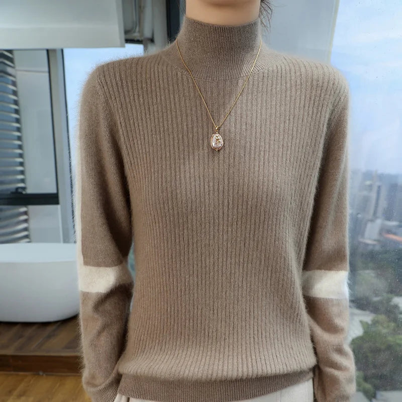 2024 Winter Ladies Turtleneck Mink Cashmere Sweater Women's Patchwork Color Base Knitwear Exquisite Super Warm Long Sleeve Top