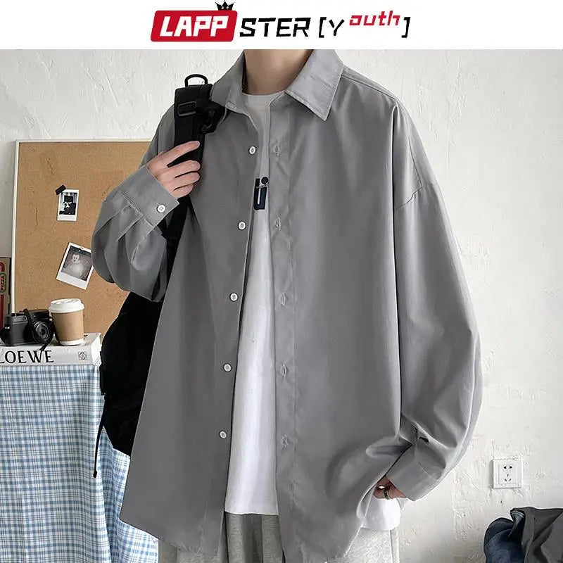 LAPPSTER-Youth Korean Fashion Black Long Sleeve Oversized Shirt, Men's Harajuku Style, 2023 Collection, 5XL Option