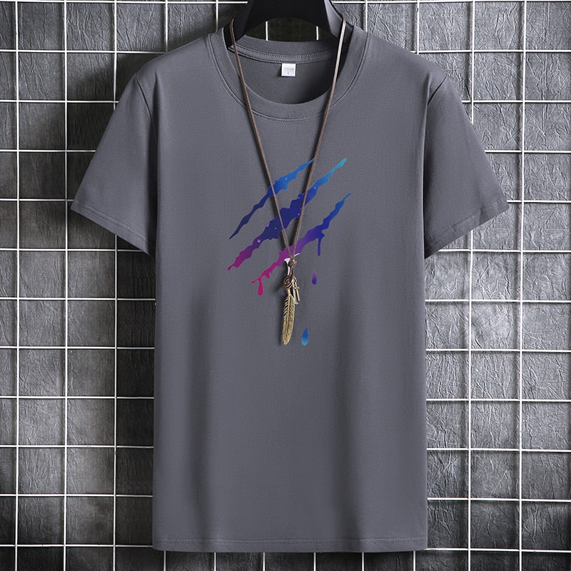 Men's summer cotton T-shirt with short sleeves and O-neck on hanger, featuring a colorful abstract design on a gray background.