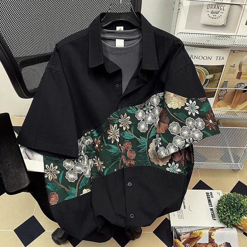 Summer embroidered men's shirt with floral design, Japanese streetwear style, short sleeve, black background.